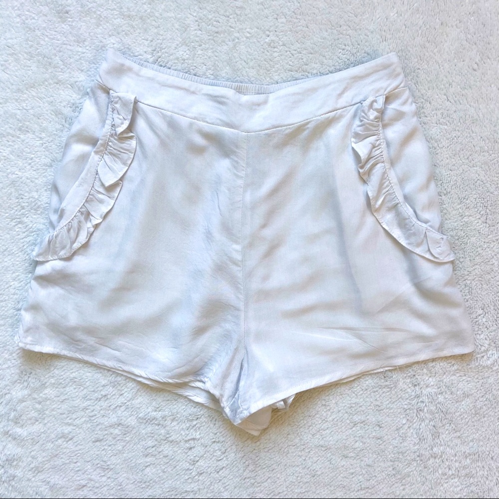 High waisted white linen ruffle shorts